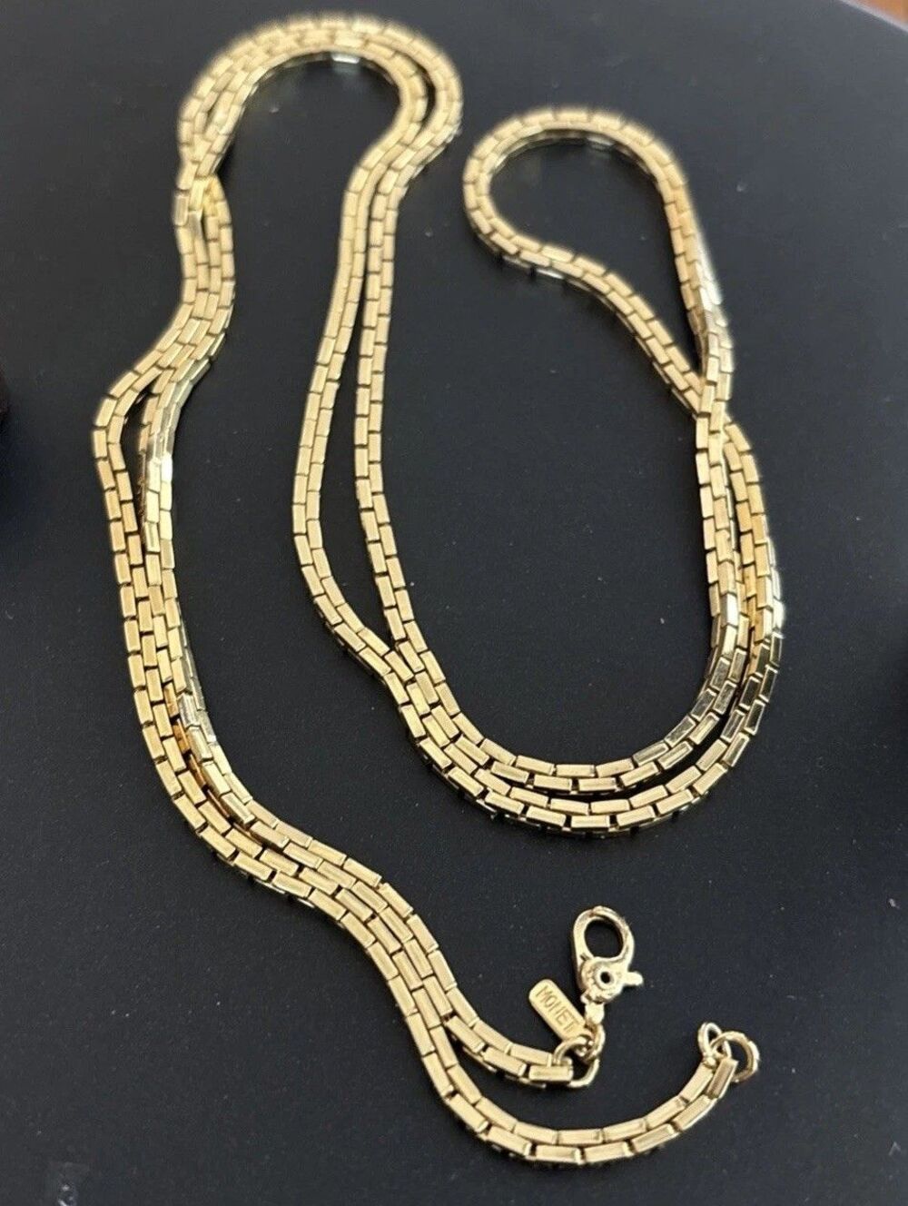 Vintage MONET Gold Tone Box Chain Necklace 30" Signed